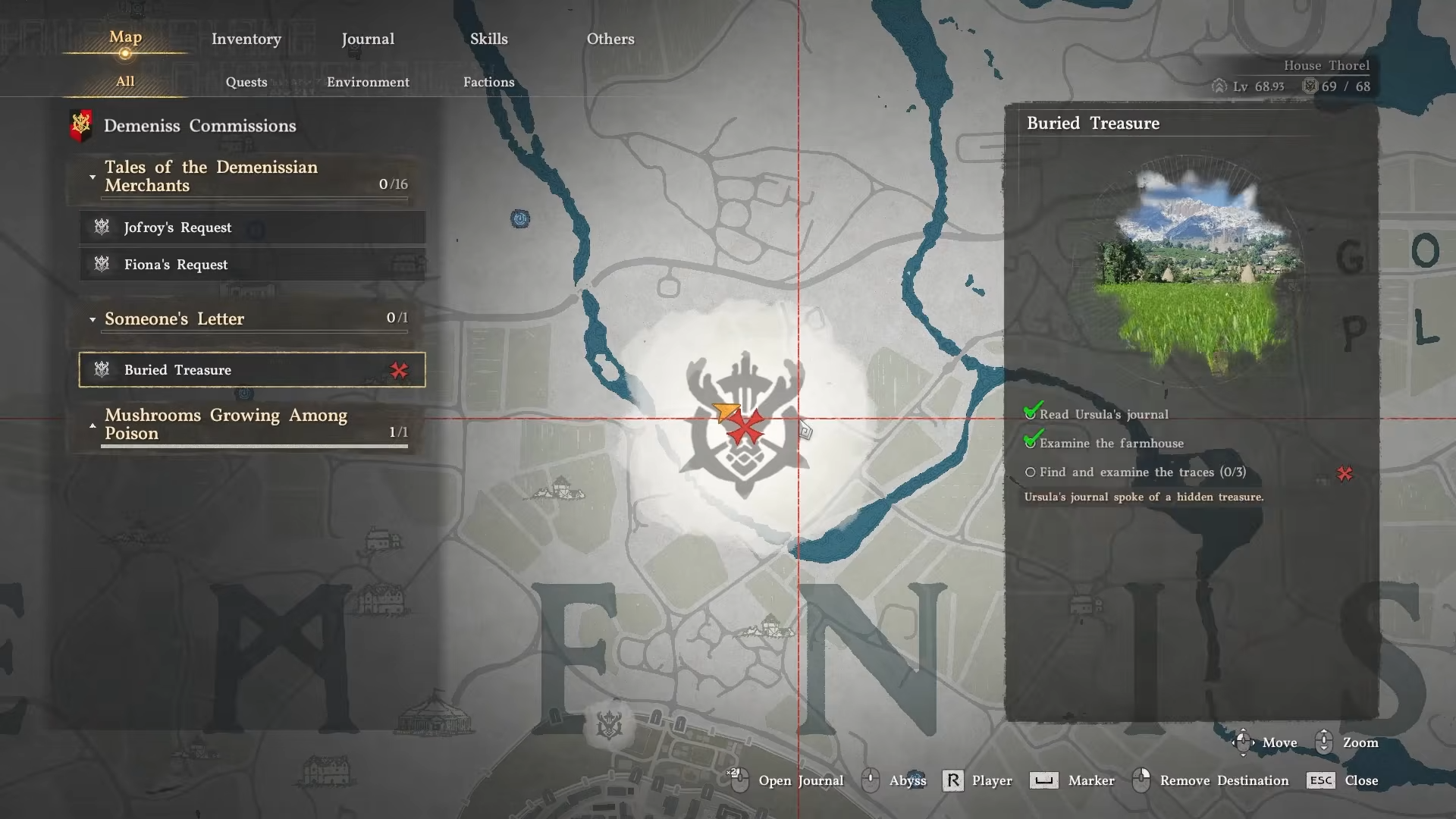 Buried treasure quest marker on the map in Crimson Desert.