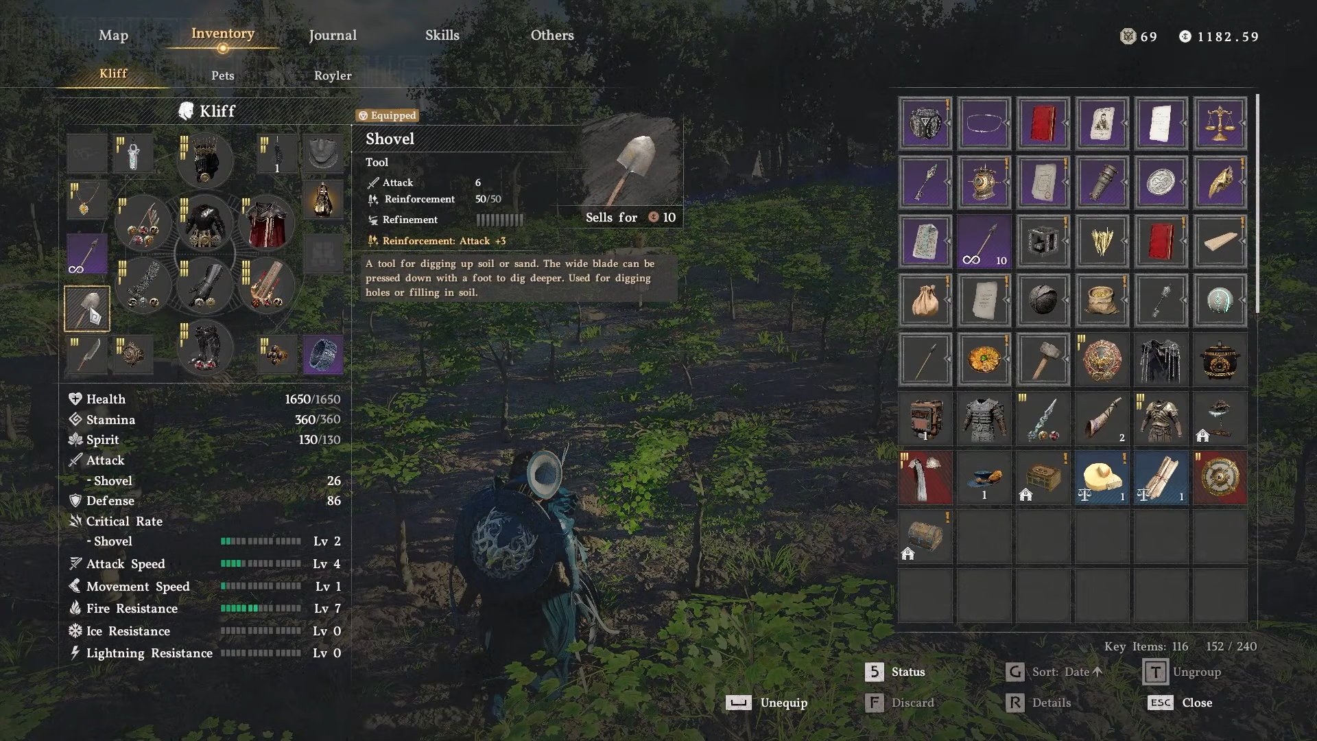 View of shovel in inventory in Crimson Desert.