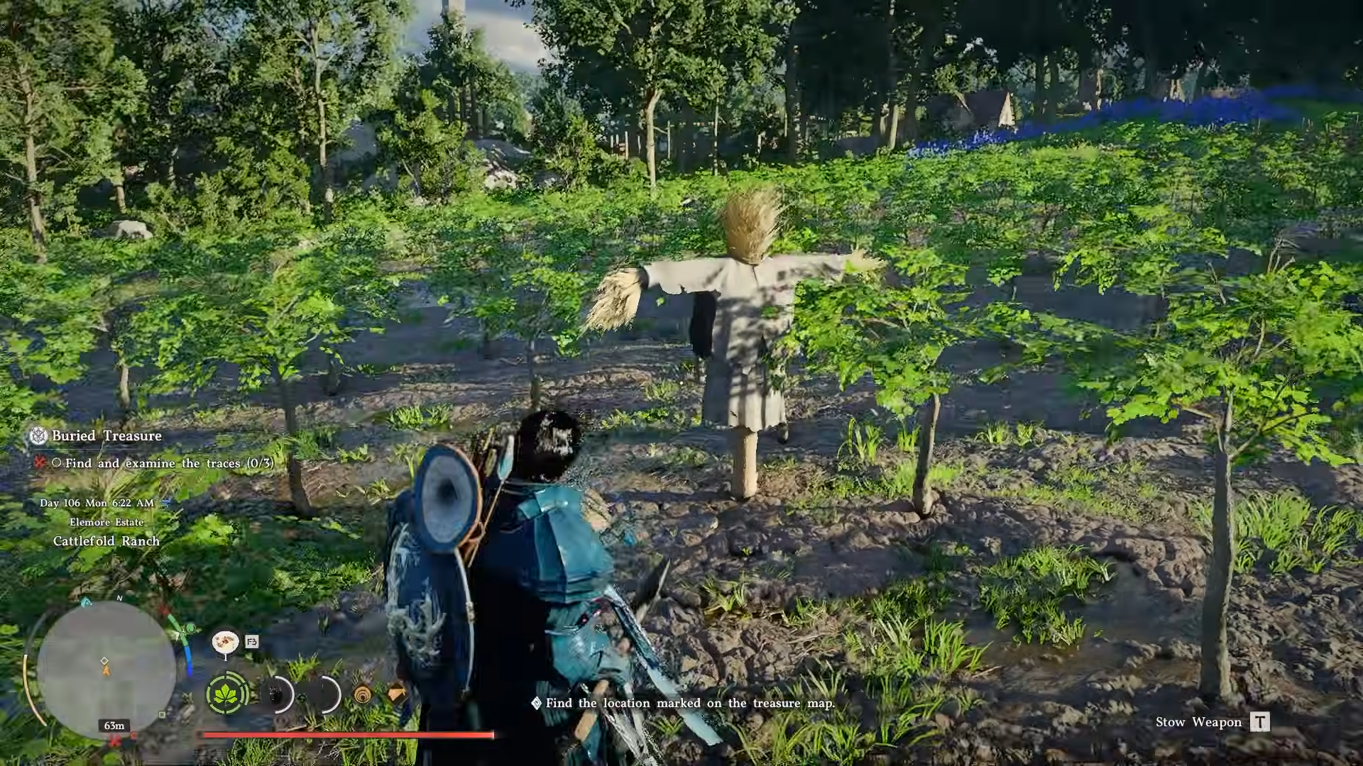 View of character in a farm near a scarecrow in Crimson Desert.