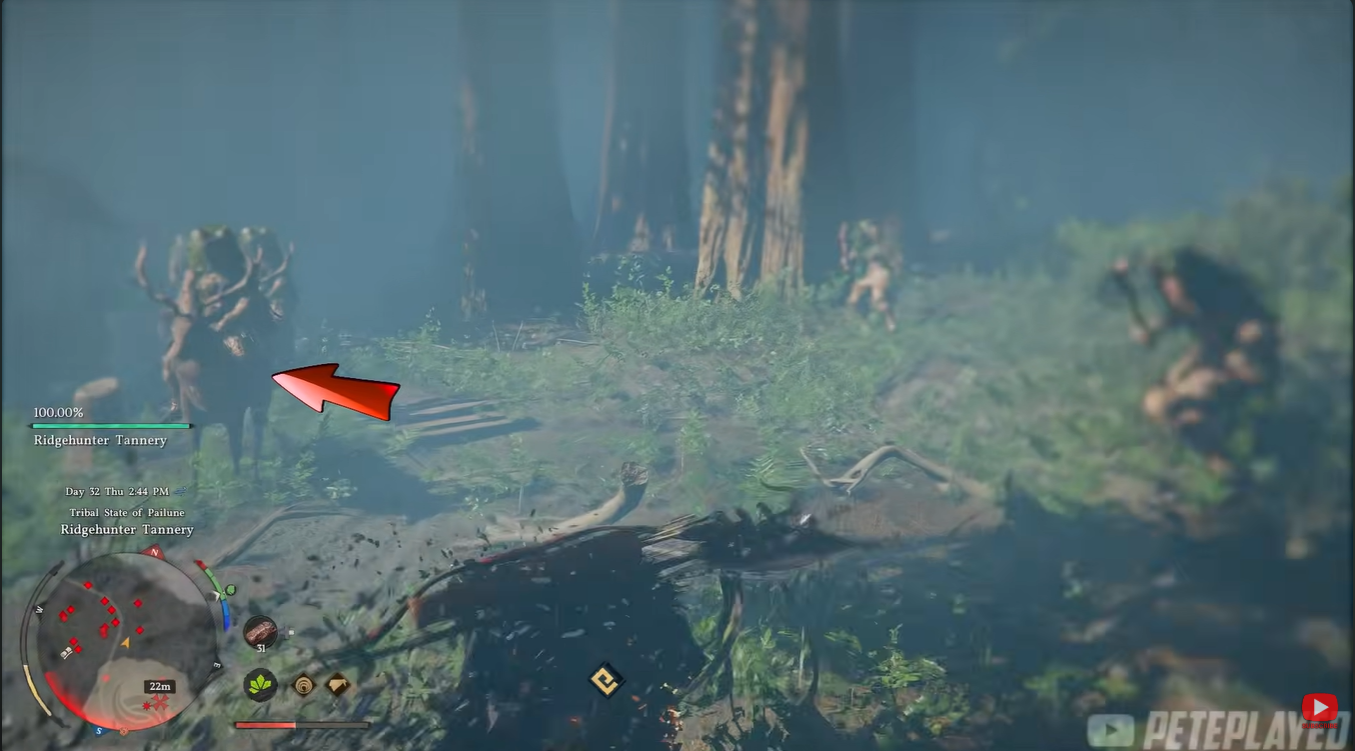 Player separating a mounted enemy patrol riding a Rosehorn Deer.
