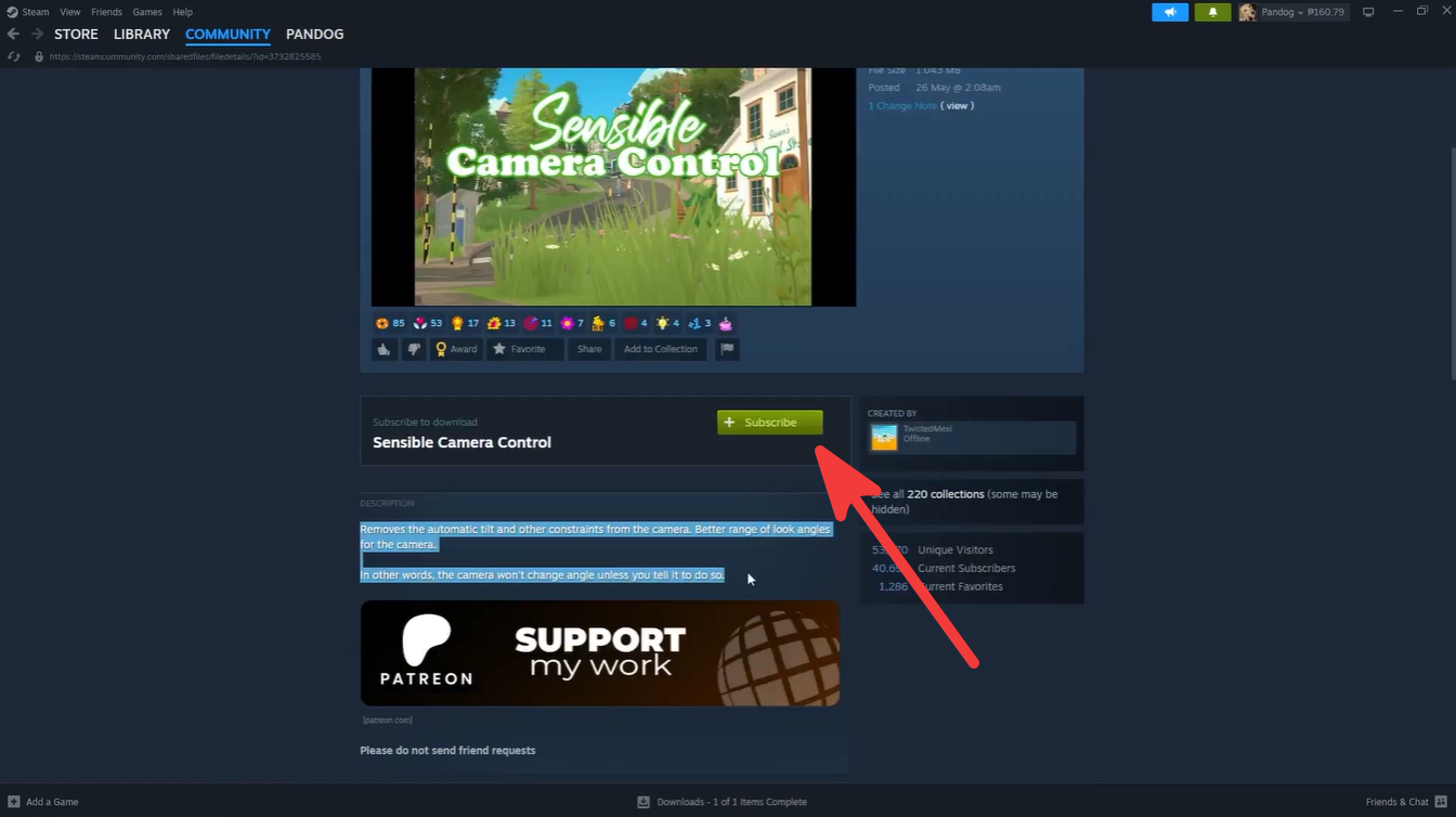 Steam Workshop mod page for “Sensible Camera Control” with a red arrow pointing at the green Subscribe button.