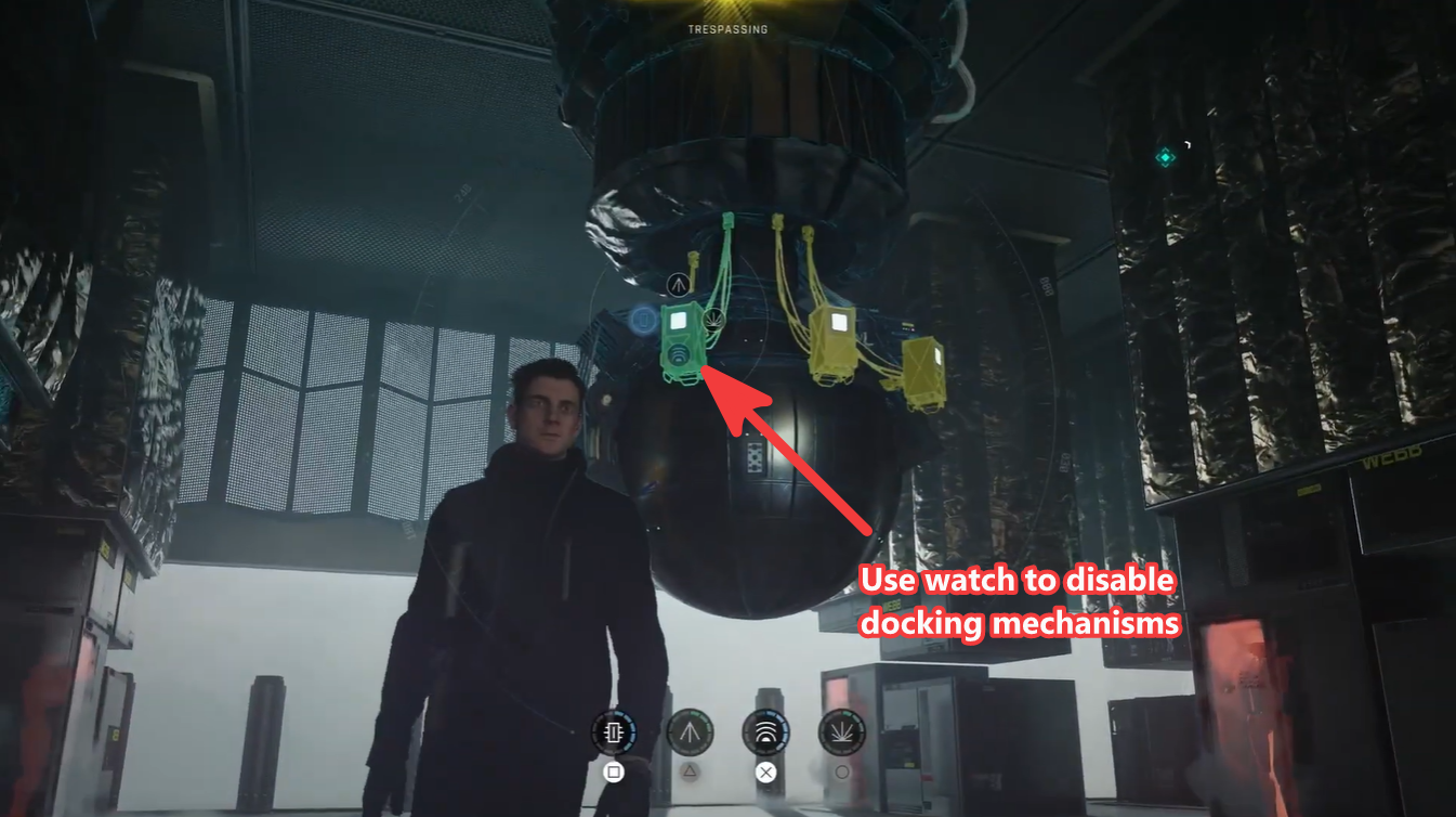Bond uses his watch gadget to disable one of the docking mechanisms attached to the suspended metallic sphere, an essential step for unlocking and controlling it.