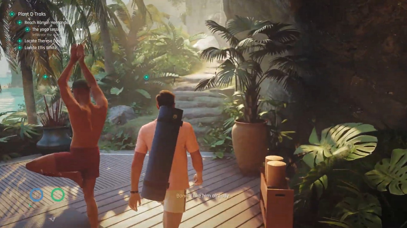 James Bond walking through the tropical yoga garden area during the Time to Die mission in 007 First Light.