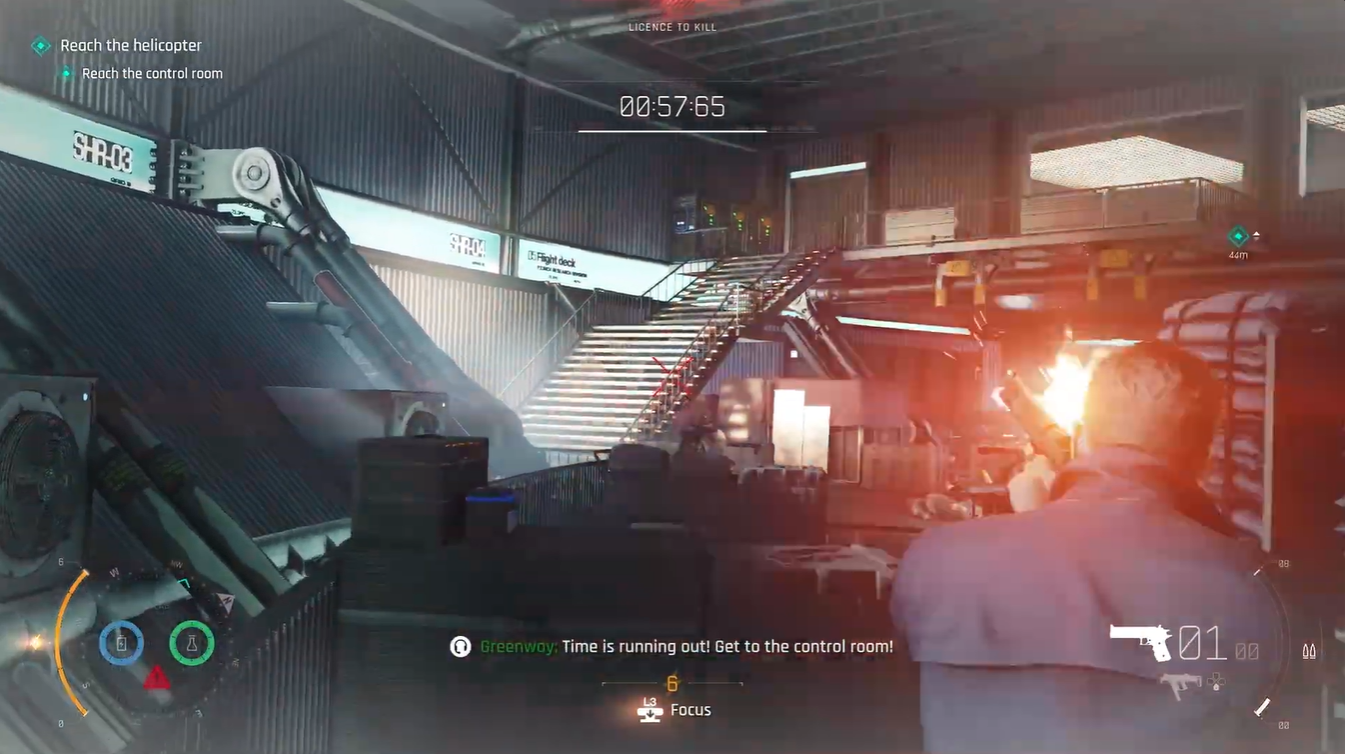 Aiming at enemies positioned on the upper balcony and control room level, prioritizing high-ground targets during the Reach the Helicopter mission.