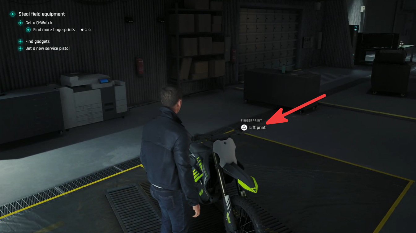 007 First Light Q-Watch fingerprint location on the motorbike during Steal Field Equipment objective