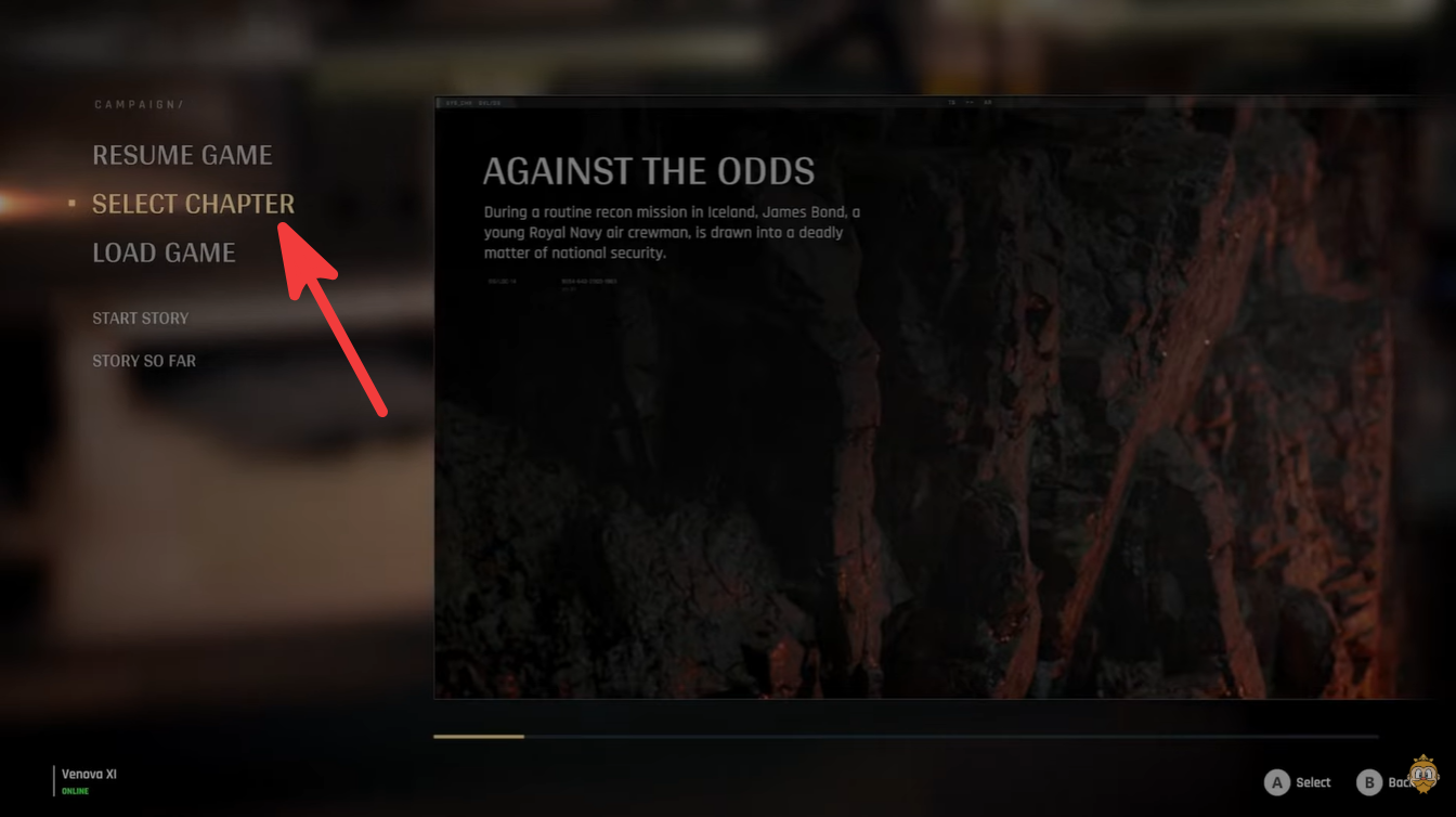 Campaign menu in 007: First Light highlighting the “Select Chapter” option used for replaying completed missions.