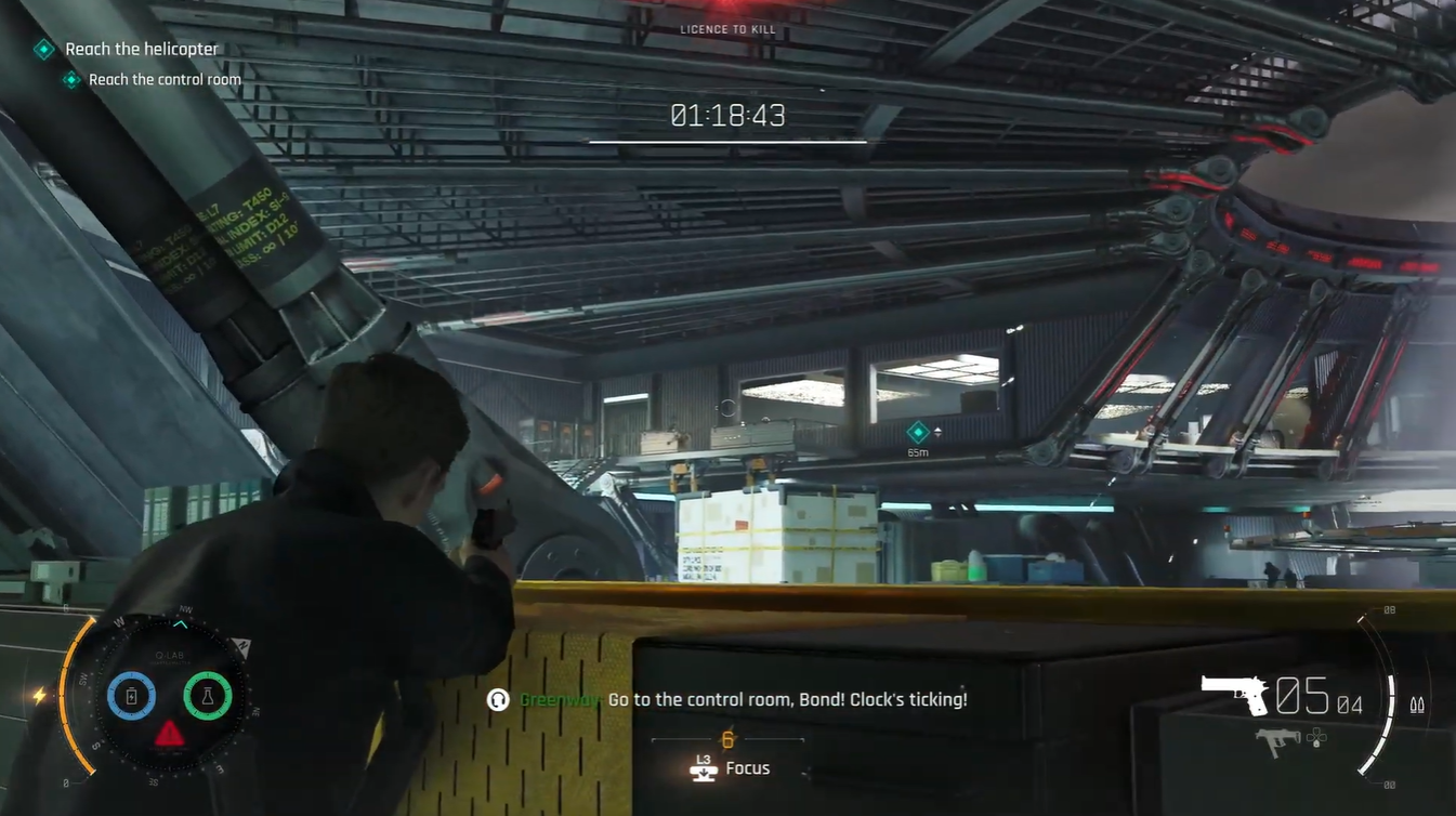 Firing the Stormberg 50 Caliber pistol at elevated enemies near the staircase and upper walkways during the final helicopter diversion encounter.