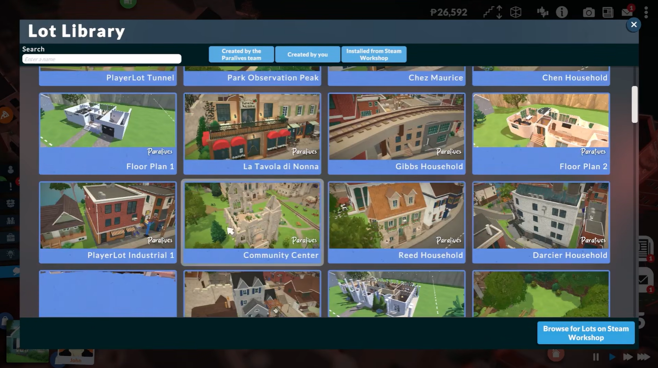 Paralives Lot Library screen displaying multiple community and developer house designs ready to place on a lot.
