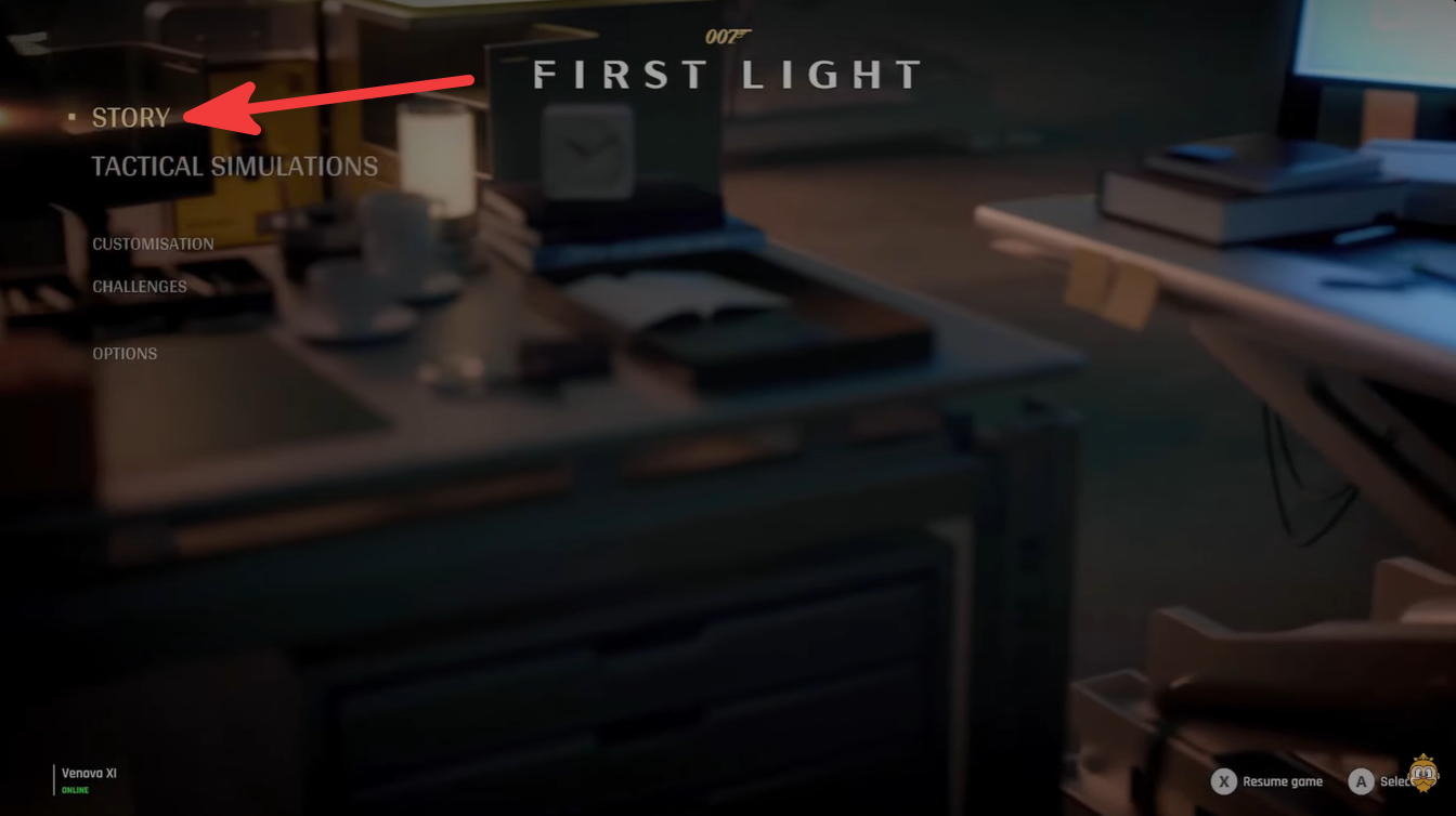Main menu screen in 007: First Light with the Story option selected to access campaign chapters and replay missions.