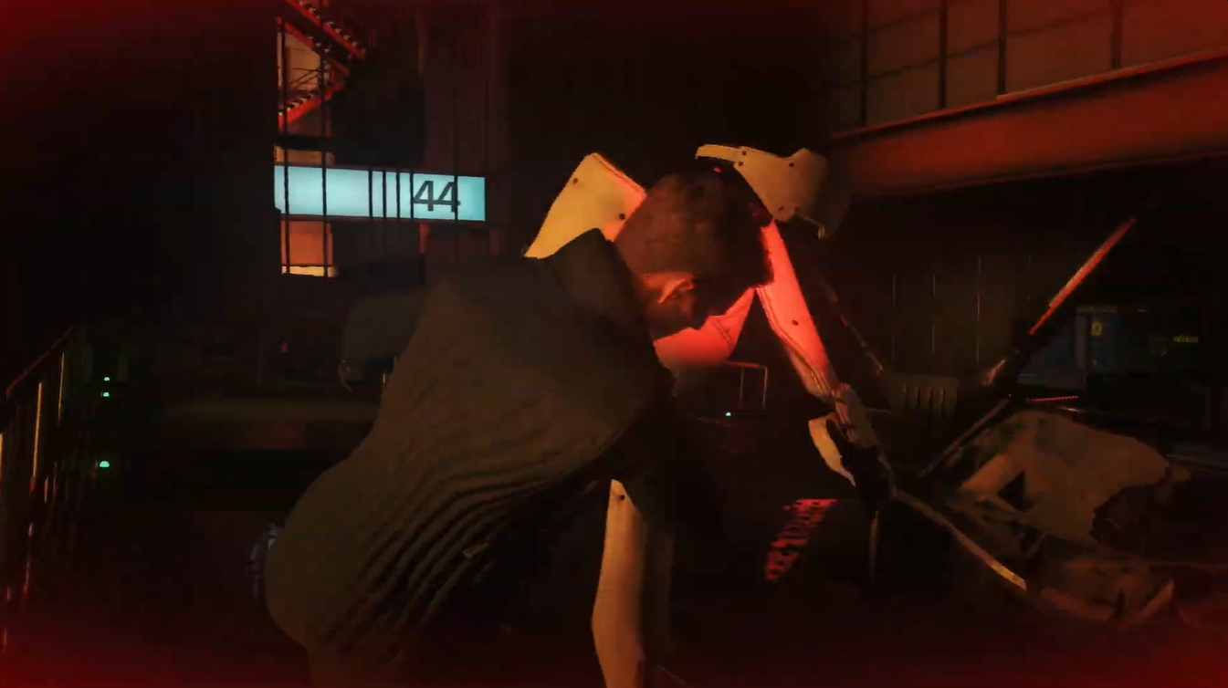 Bond attempts a close-range melee attack against the android, demonstrating the danger of engaging the heavily armored enemy up close.