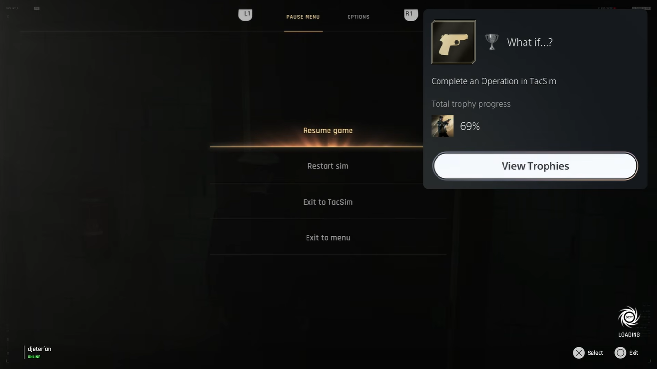 007 First Light pause menu displayed during a Tactical Simulation mission, with the "What If...?" trophy notification visible on the right side after completing an Operation in TacSim.