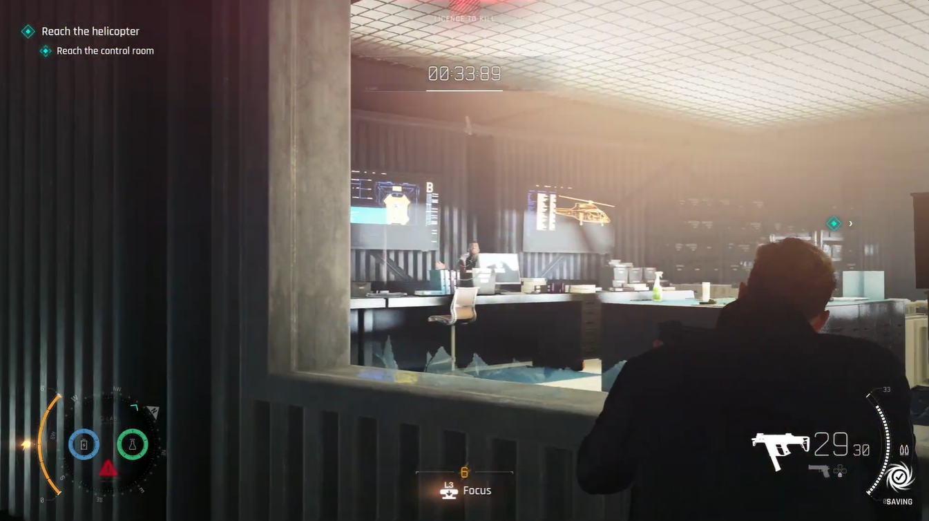 Using window cover to engage enemies inside the control room during the Reach the Helicopter mission, while maintaining a defensive firing position.