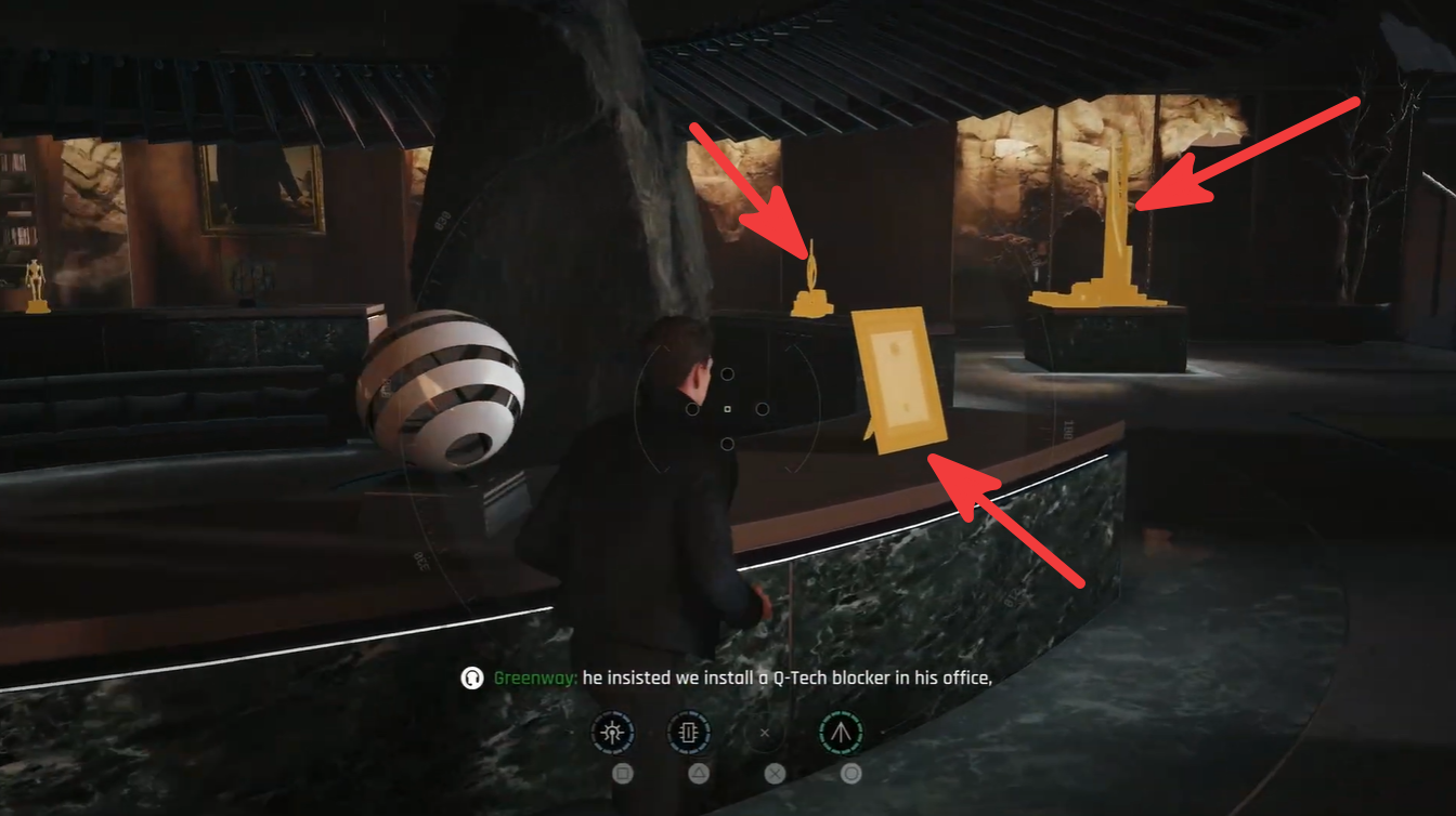 Bond using the watch scanner to inspect multiple puzzle clues including the diploma, tower model, and painting inside the penthouse.