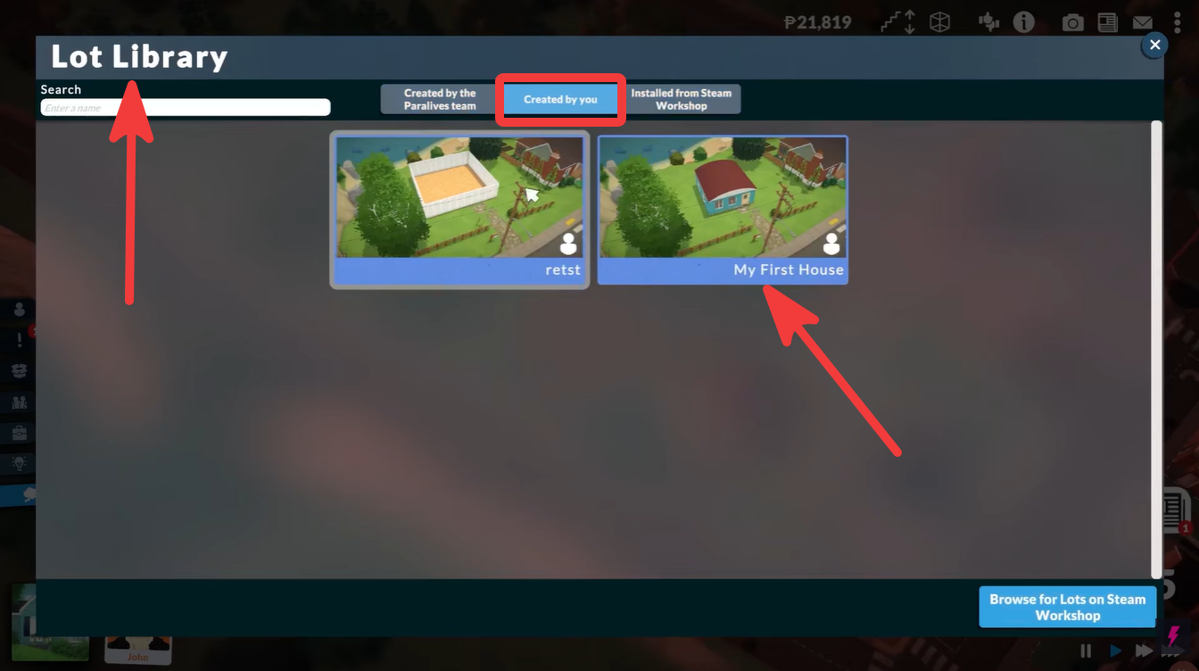 Lot Library interface in Paralives showing personal house designs.