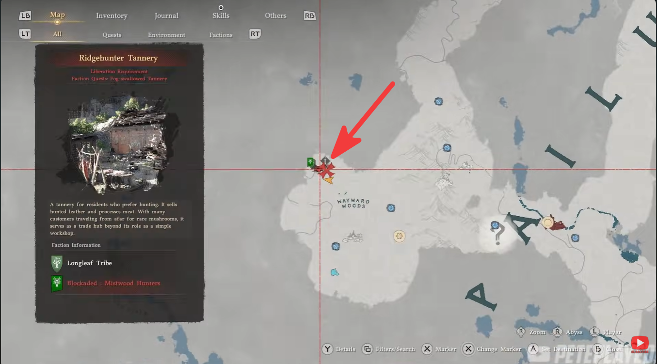 Crimson Desert regional map zooming in on the Ridgehunter Tannery landmark northwest of Waywood Woods.
