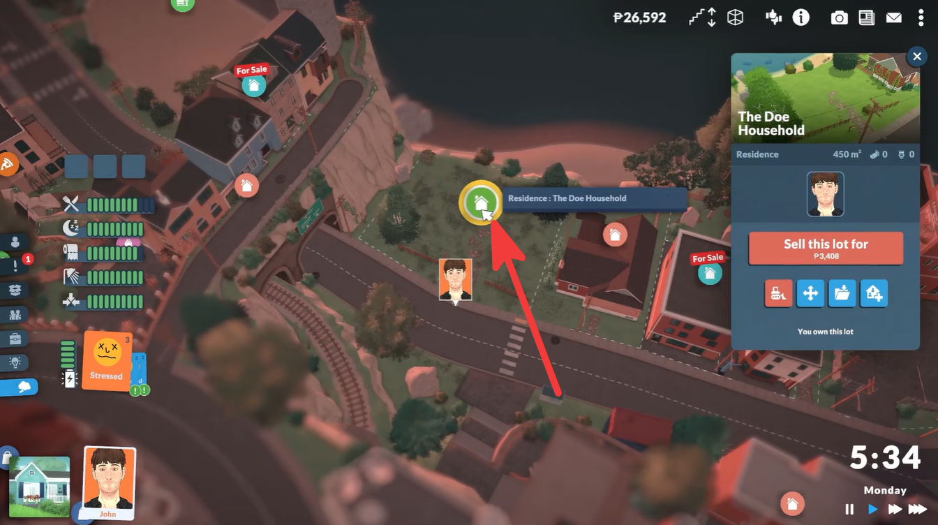 Neighborhood overview in Paralives with the player household lot selected near the coastline and nearby houses marked for sale.