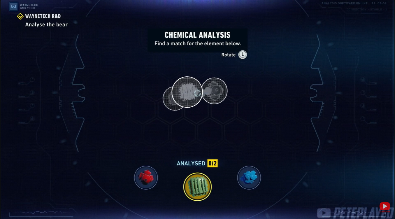 WayneTech analysis terminal displaying the bear examination mini-game interface in LEGO Batman: Legacy of the Dark Knight
