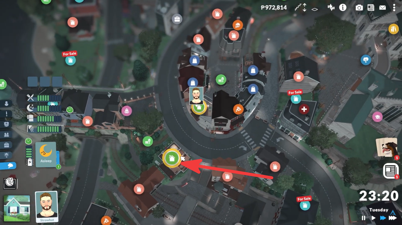 Locate your owned property on map by locating green bubble in Paralives