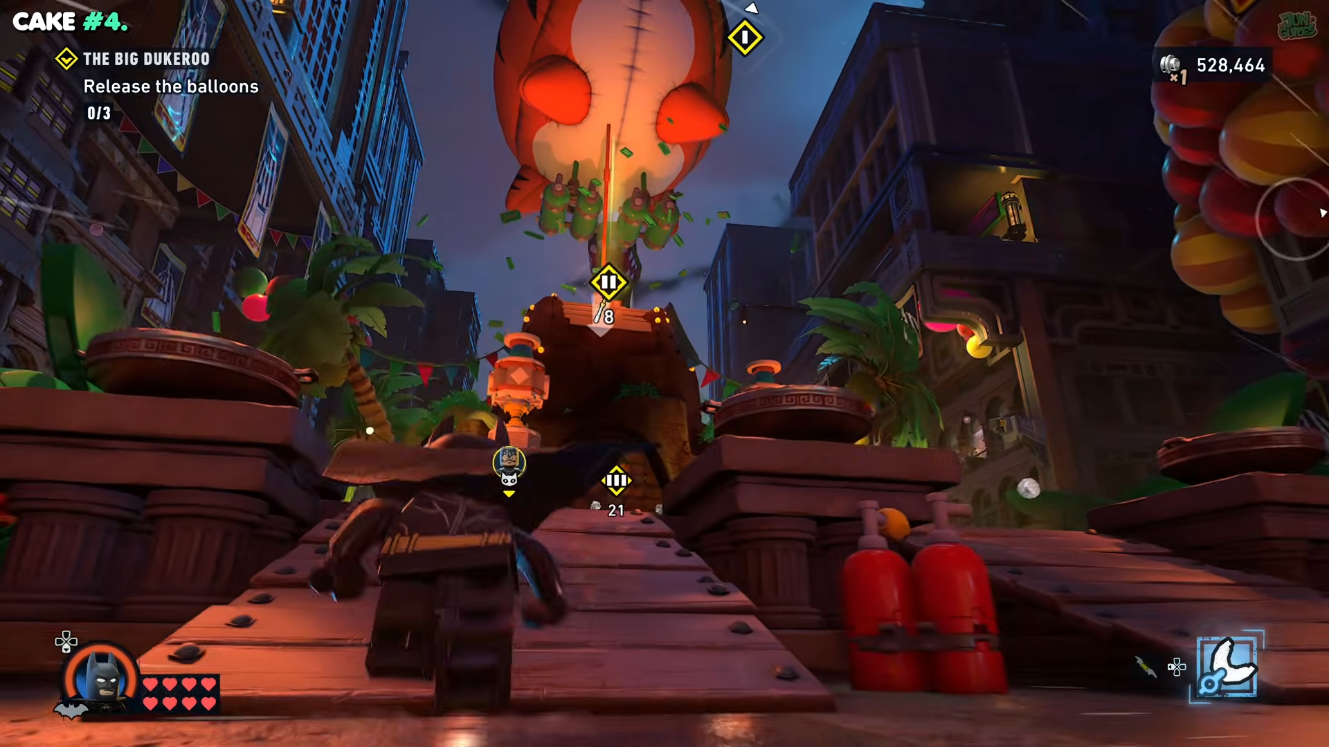 Batman walking forward from the second balloon in the Big Dukeroo in Lego Batman: Legacy of the Dark Knight