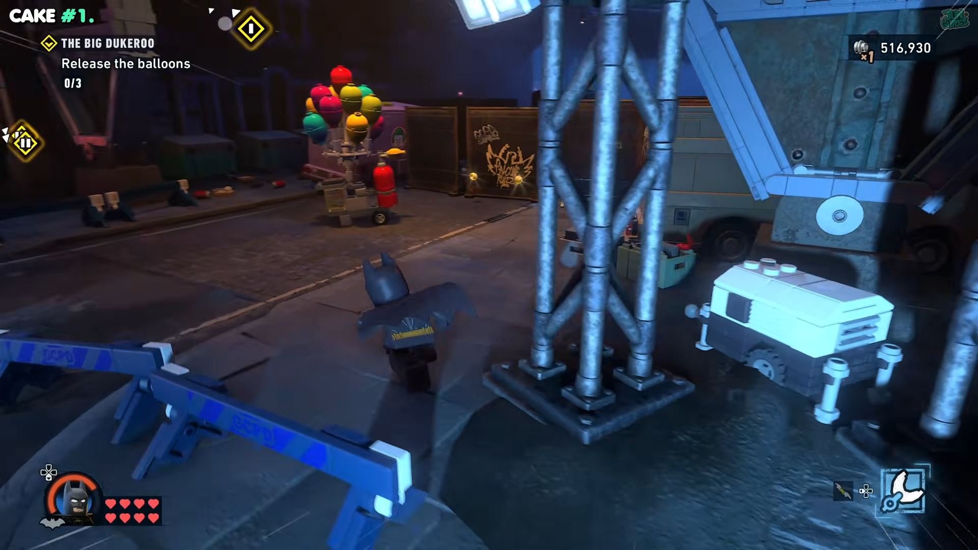 Batman walking past the little balloon cart in Lego Batman: Legacy of the Dark Knight