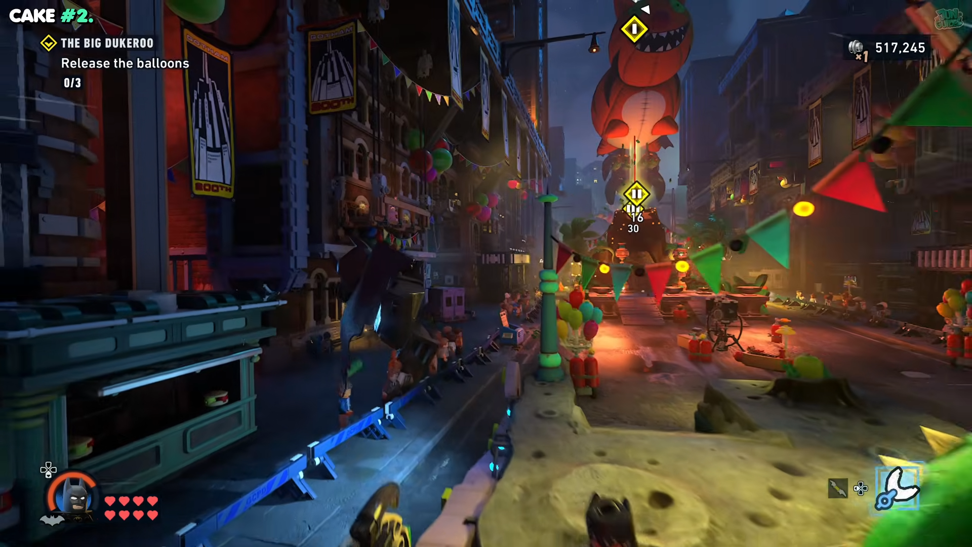 Batman grappling his way to a side window cleaning platform in The Big Dukeroo in Lego Batman: Legacy of the Dark Knight