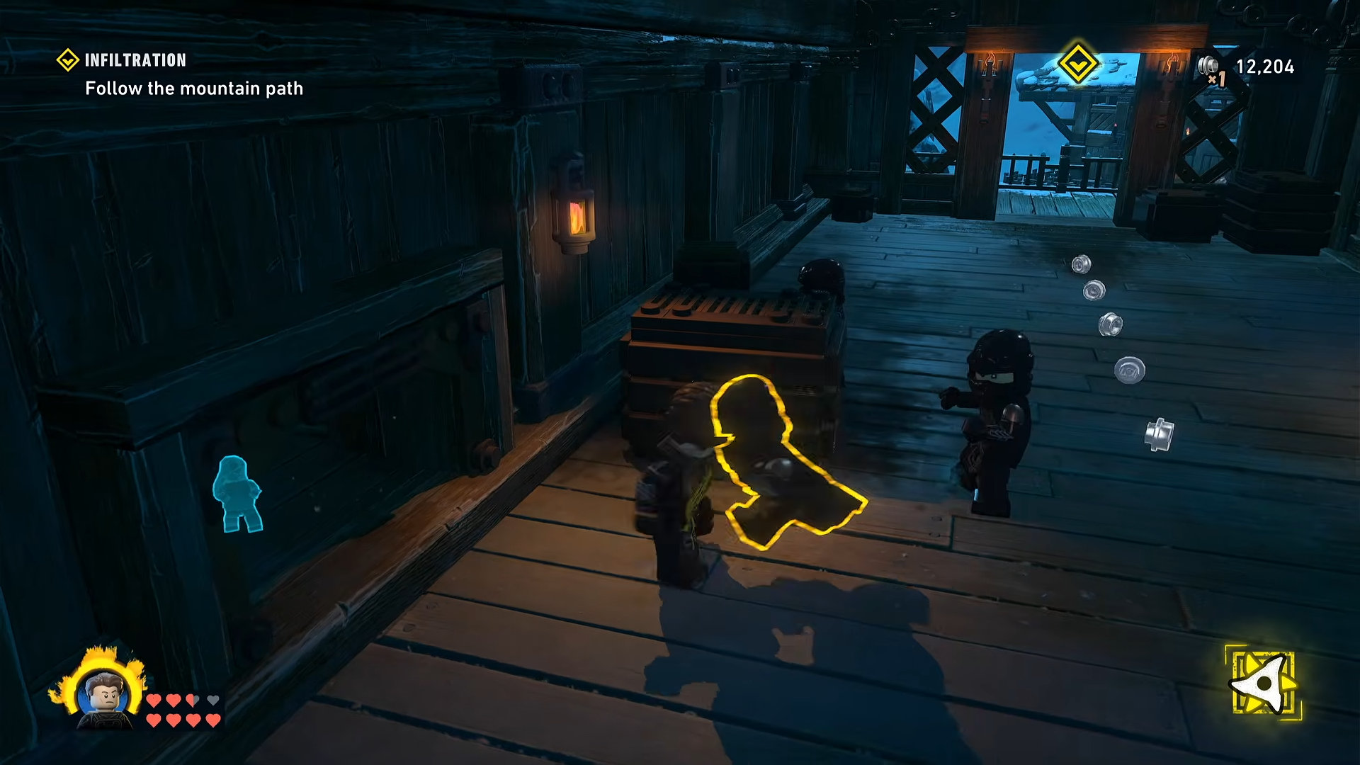 View of two ninjas blocking the exit doorway in the Infiltration mission in LEGO Batman: Legacy of the Dark Knight