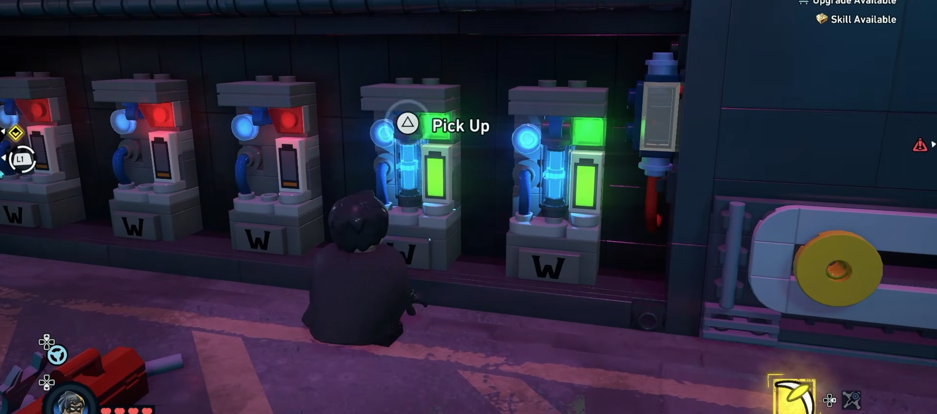 Batman slotting the first battery into the second slot from the right in the system at Newton in Lego Batman Legacy Of The Dark Knight