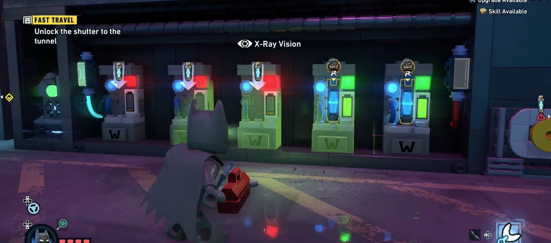 Batman using X-Ray vision to determine the correct slot for the battery to go in at Newtown in Lego Batman Legacy Of The Dark Knight