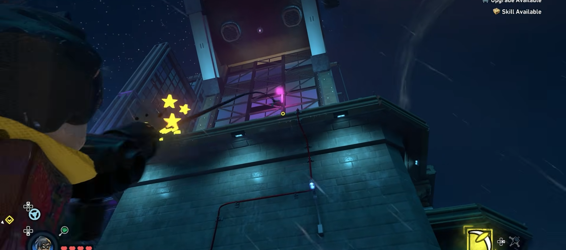 Robin grappling up the SubWayne building in Newtown in Lego Batman Legacy Of The Dark Knight