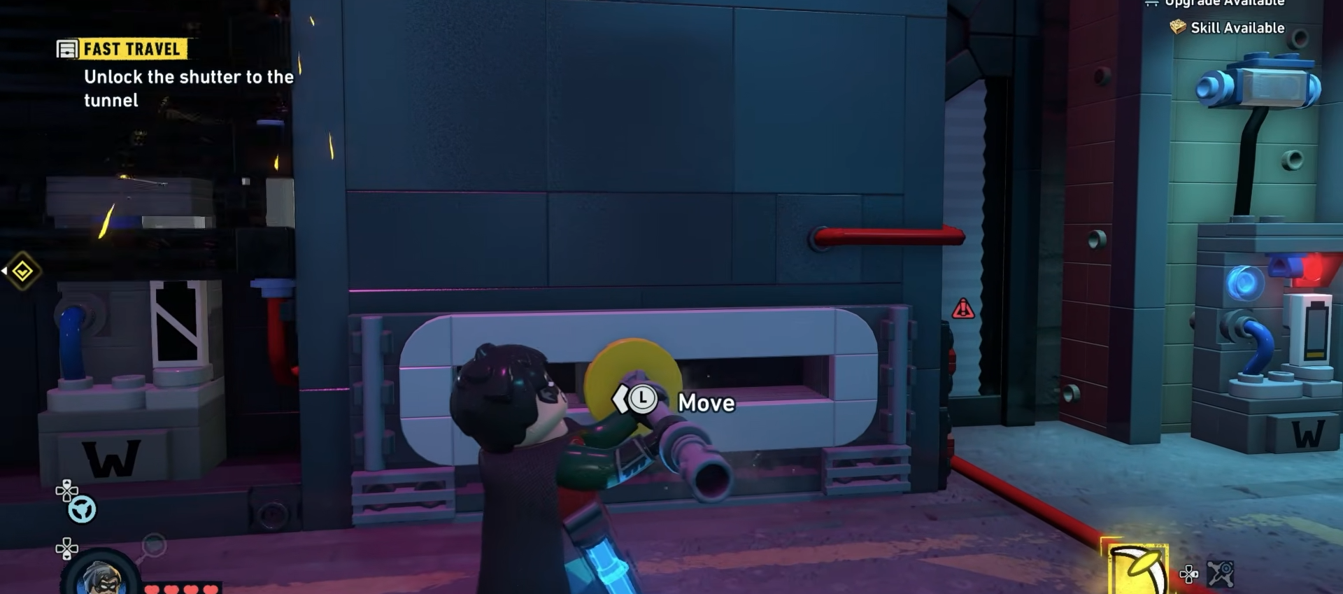 Robin moving the contraption lever to the left to open up the battery system at Newtown in Lego Batman Legacy Of The Dark Knight