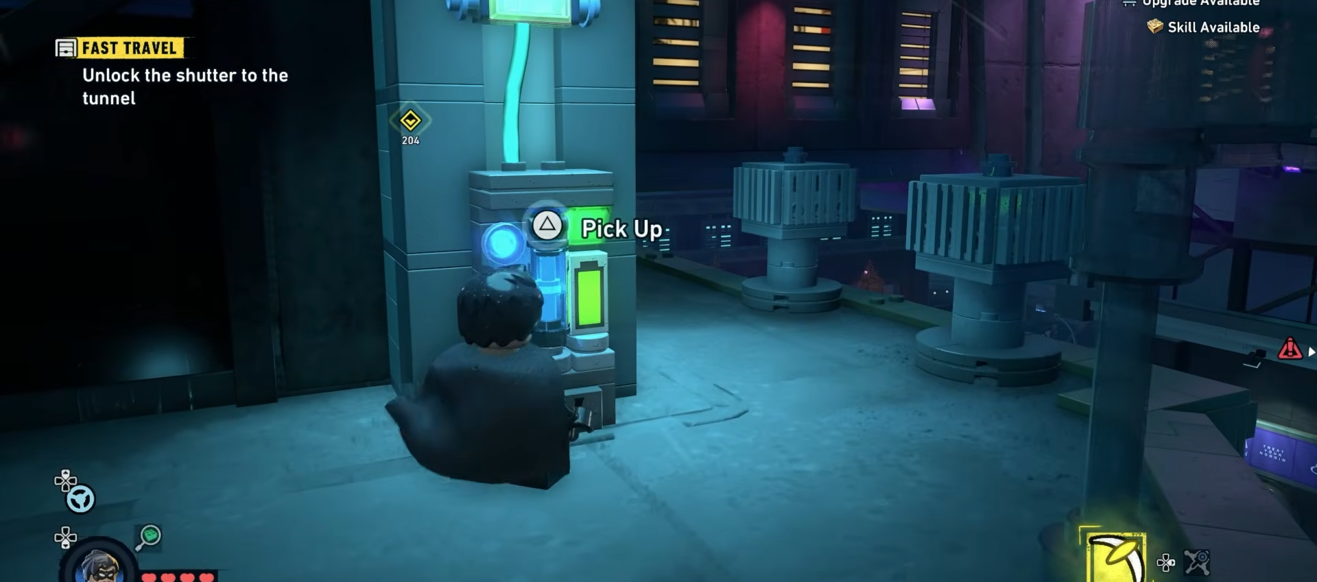 Robin retrieving the second battery from around the corner to where the first battery was at Newtown in Lego Batman Legacy Of The Dark Knight