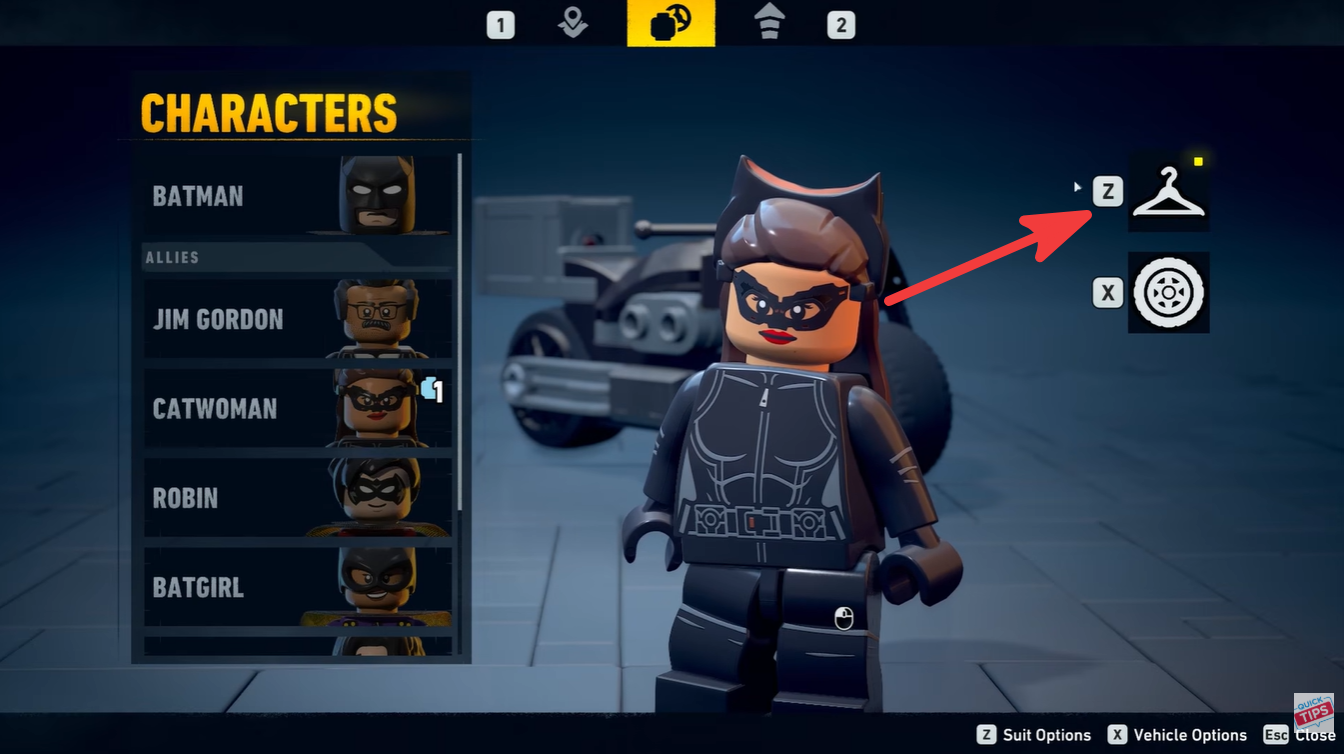 Hanger icon in character customization menu in LEGO Batman: Legacy of the Dark Knight