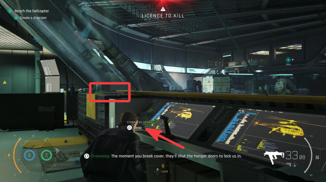 007 First Light reaching the helicopter objective while taking cover behind the flight control console, with the powerful Stormberg 50 Caliber pistol highlighted on the workstation.