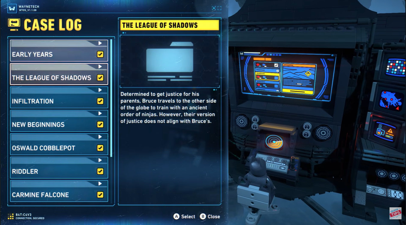 Opening the Case Log menu at the Batcomputer in LEGO Batman Legacy of the Dark Knight