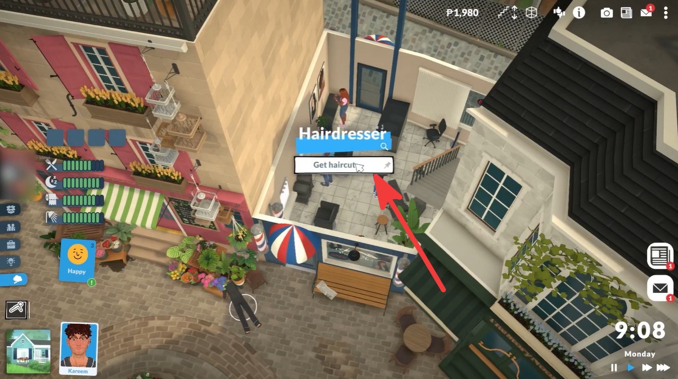 Using the “Get haircut” interaction option at the hairdresser location in Paralives town