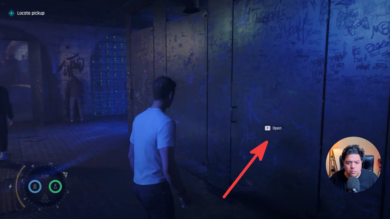 Inside the restroom, Bond stands in front of the row of stalls. Interact with the third stall door from the entrance to find the mission pickup.
