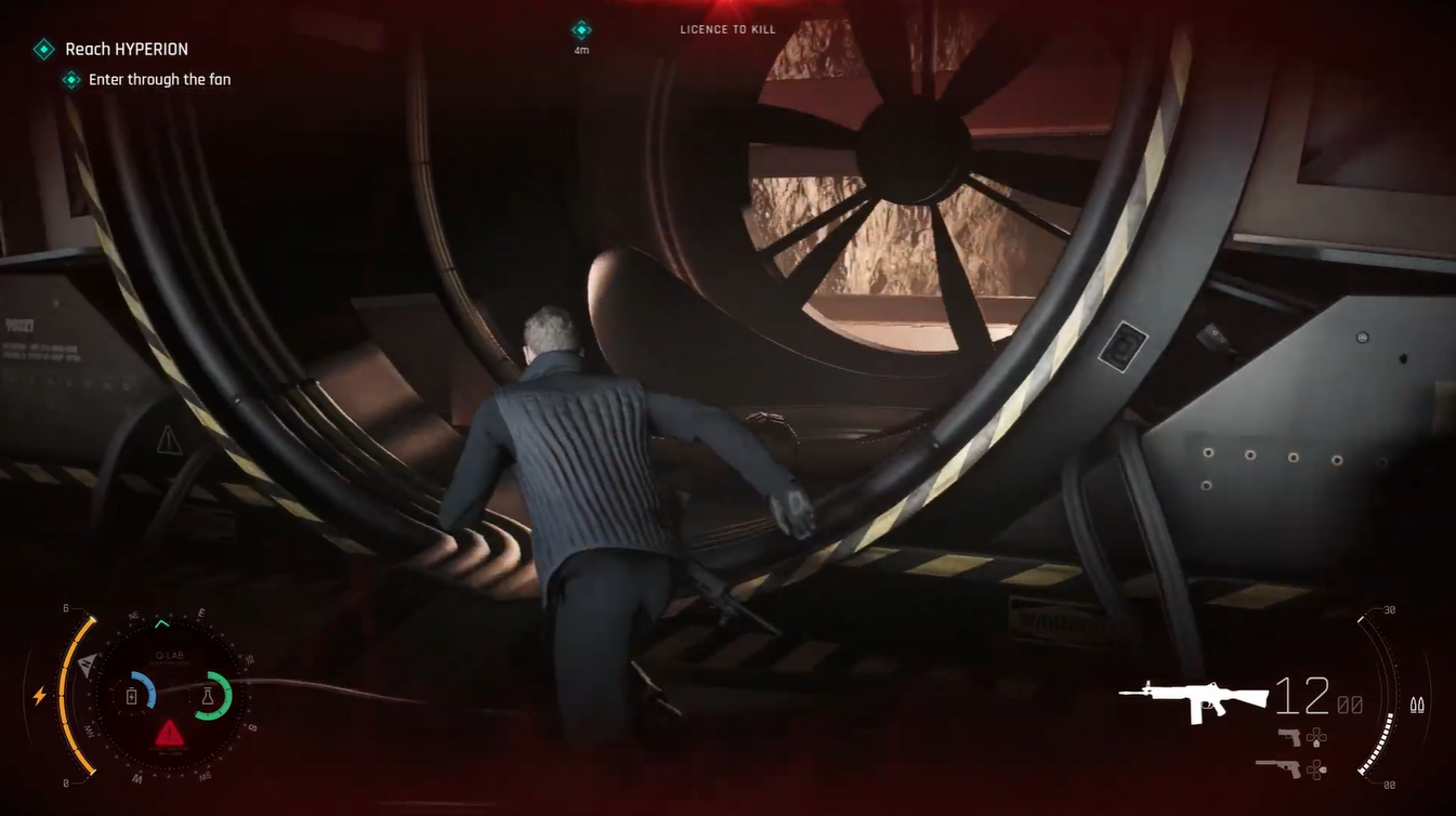 Bond stands at the destroyed ventilation fan entrance, ready to crawl through the opening and reach the next phase of the Hyperion mission in 007 First Light.