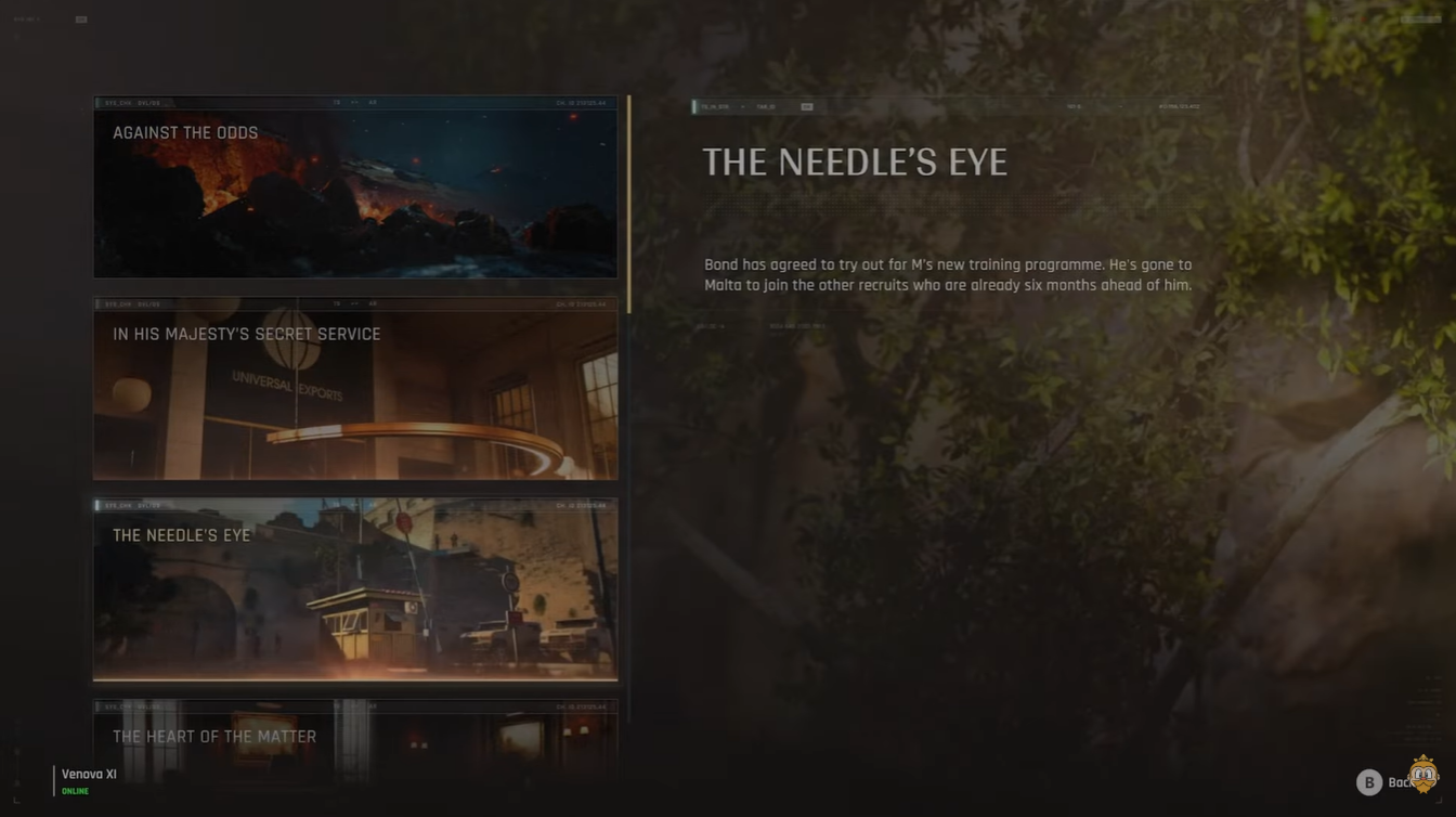 Challenges menu in 007: First Light displaying mission-specific objectives, progression tracking, and completion rewards.