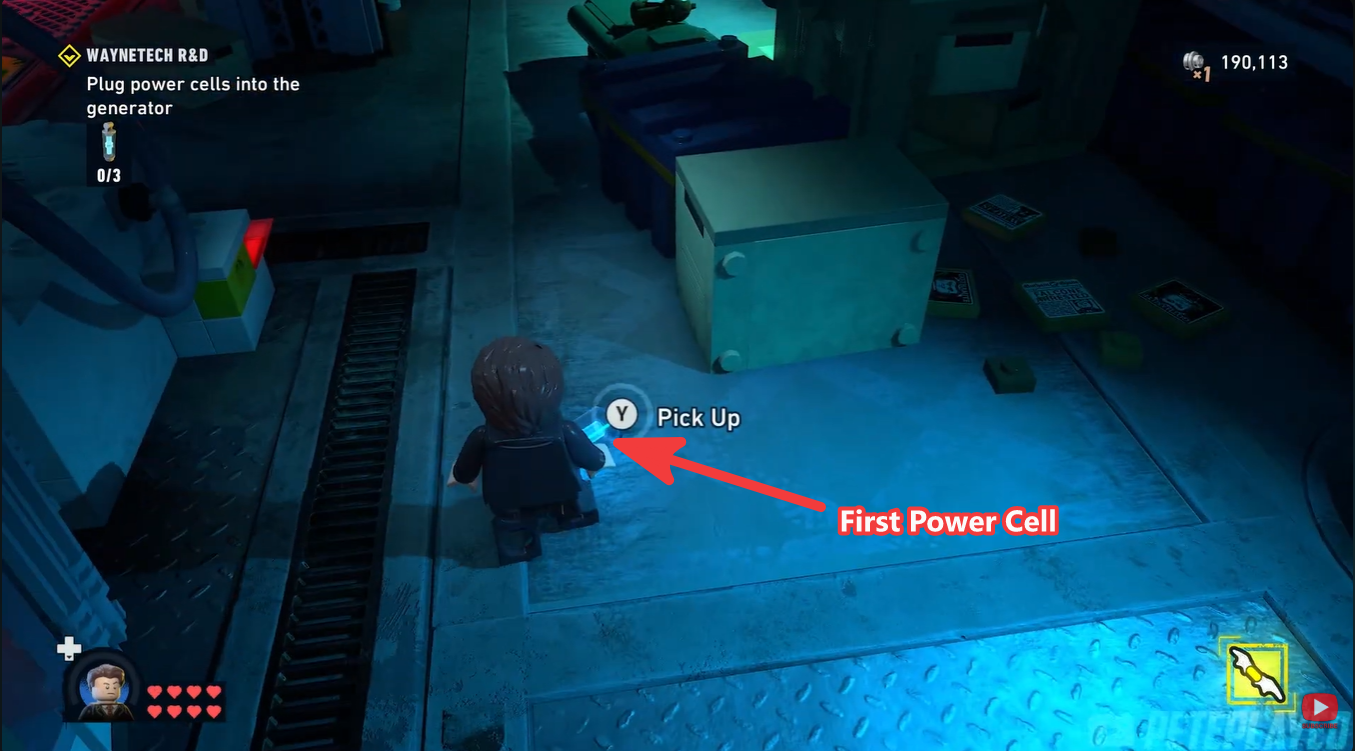 Central WayneTech generator platform with the first Power Cell visible on the left side in LEGO Batman: Legacy of the Dark Knight