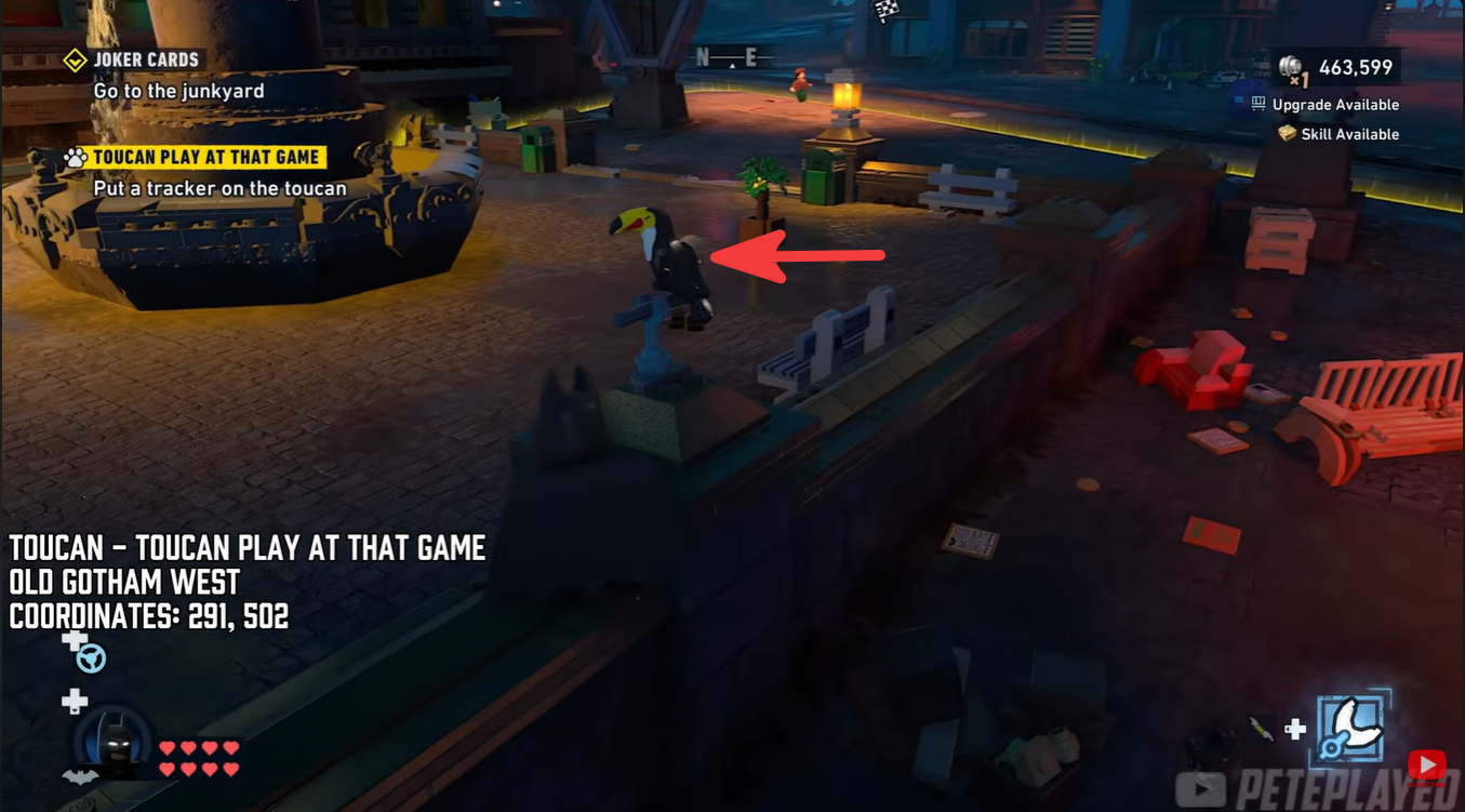 Toucan location near the fountain plaza in Old Gotham West in LEGO Batman Legacy of the Dark Knight