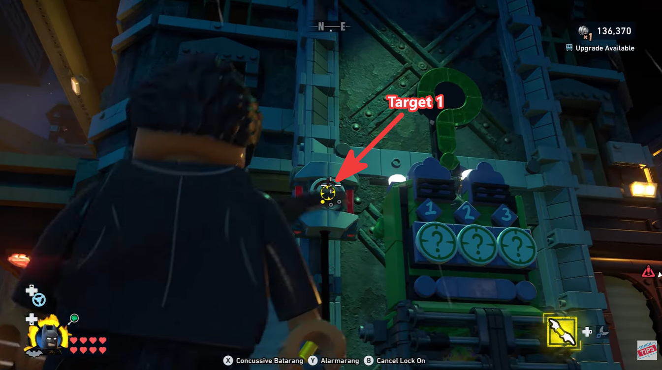 Target 1 location in the Riddler Puzzle - Lighting Round - LEGO Batman: Legacy of the Dark Knight