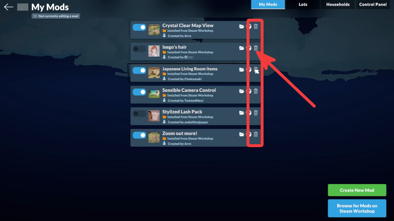 Paralives My Mods menu with the trash bin delete icons highlighted on the right side of installed mods.