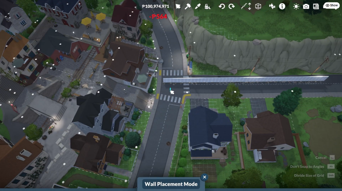 Wall placement mode active while building structures across roads and public spaces in Paralives town editor.
