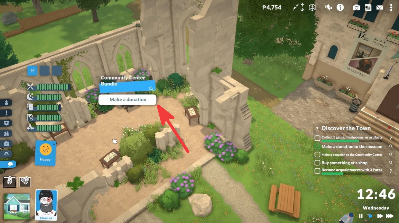 Make a donation button and menu in Paralives at the Community Center