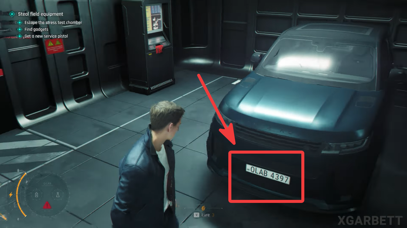 Vehicle inside the Q-Lab stress testing chamber with the hidden clue “QLAB 4397” displayed on the license plate in 007 First Light.