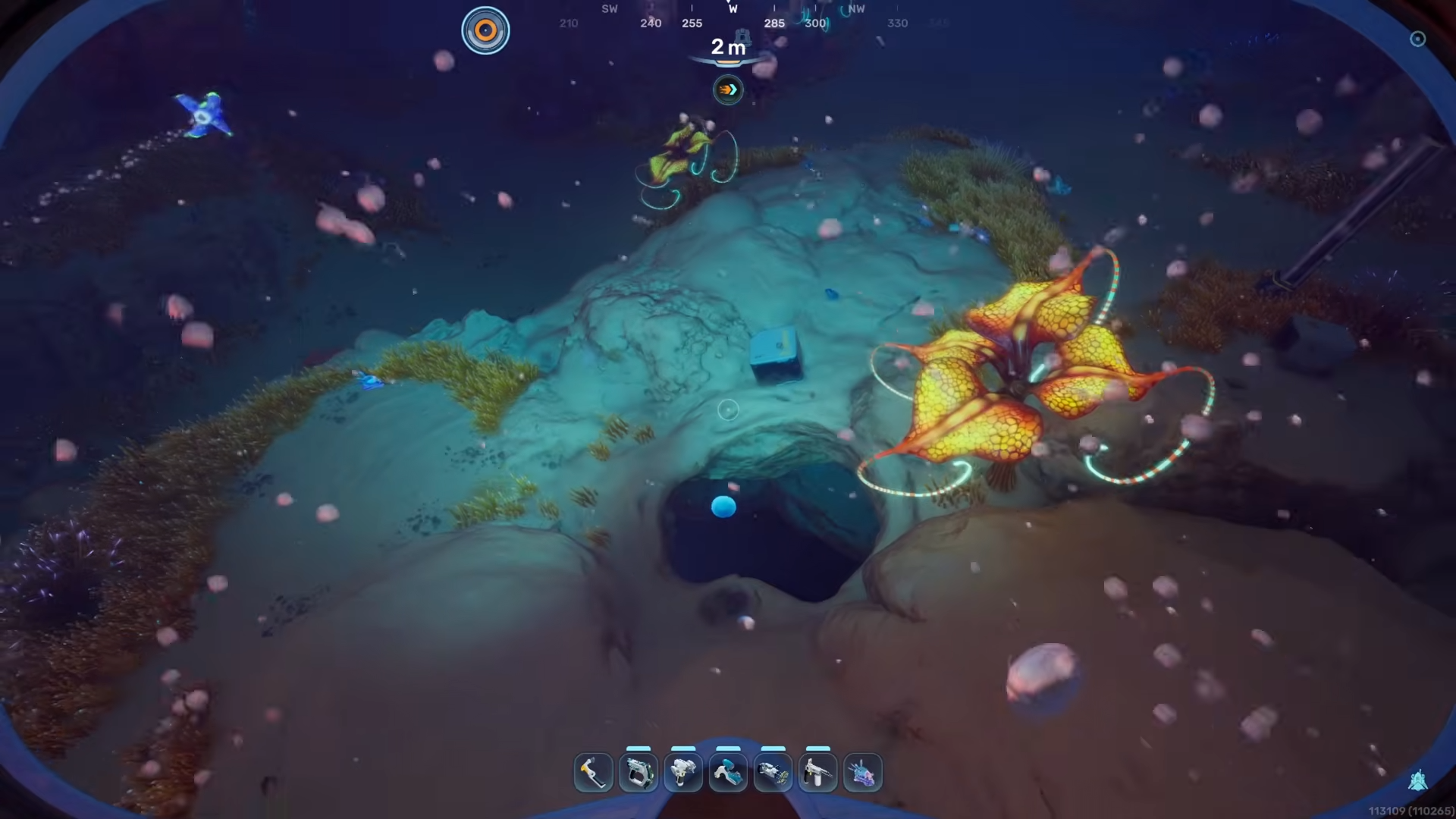 View of cave directly under the lifepod where Acidic Raion Pouch spawns in Subnautica 2