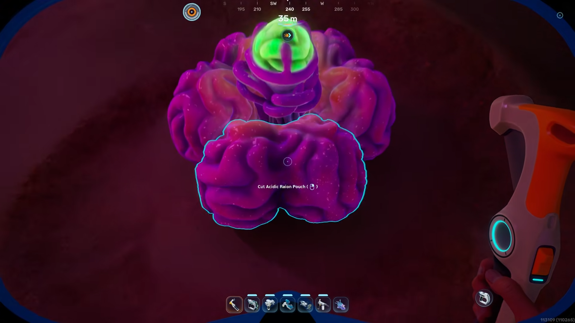View of harvesting Acidic Raion Pouch with a multitool in Subnautica 2