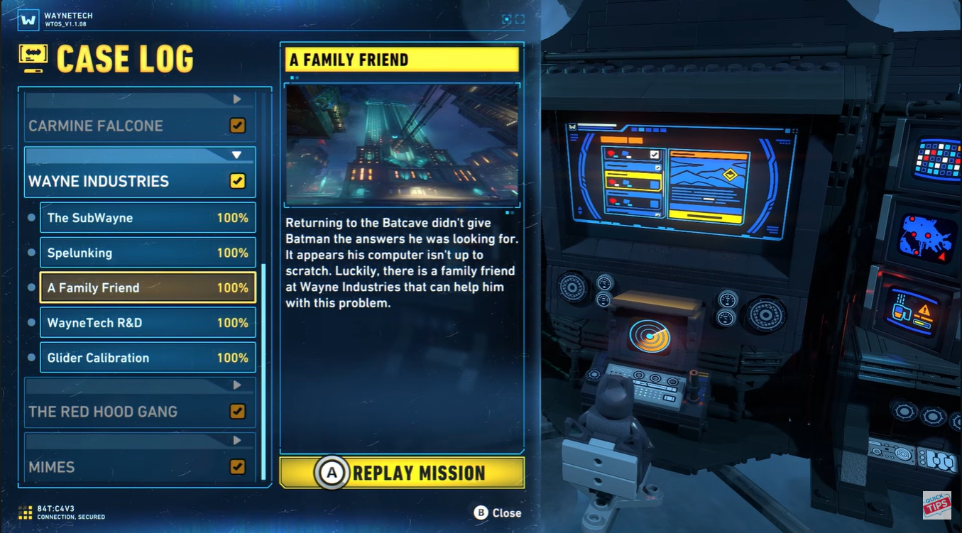 Batman collecting a hidden WayneTech cache during a replayed mission in LEGO Batman Legacy of the Dark Knight