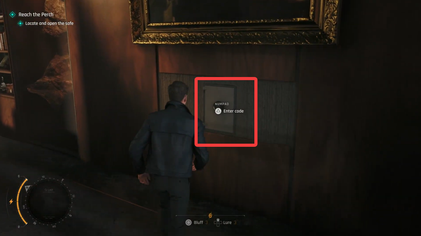 James Bond standing in front of the hidden wall safe keypad after revealing the secret compartment in the penthouse office.