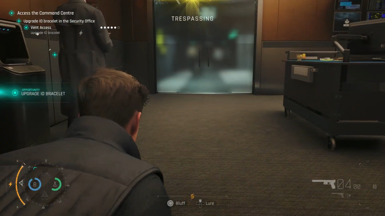 Bond sneaking inside the Security Office while completing the Upgrade ID Bracelet objective in the Access the Command Centre mission